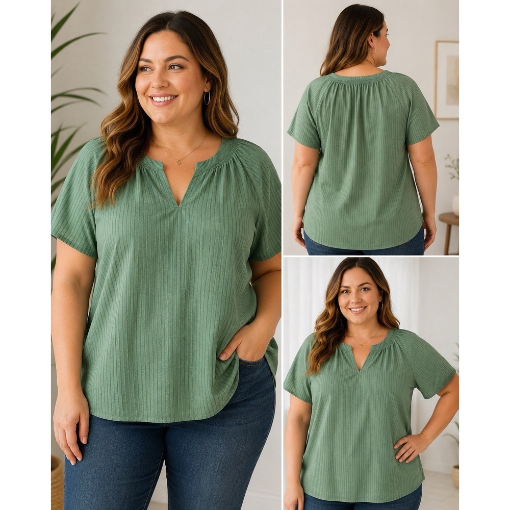 LANE BRYANT Blouse Womens 18/20 Green Cotton Sage Split Neck Plus Top NWT
